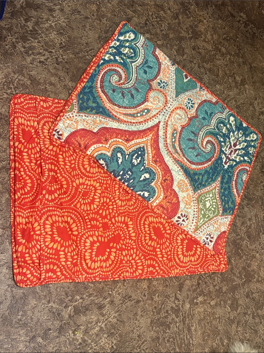 Two Bright Coral and Teal Paisley Quilted Home Accent pillow shams